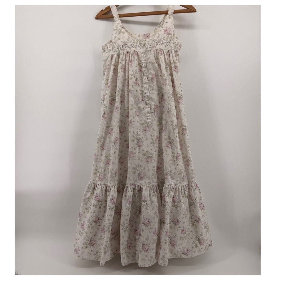 Vintage Victorias Secret Cotton Floral Nightgown Pink Rose Lace Tiered Romantic